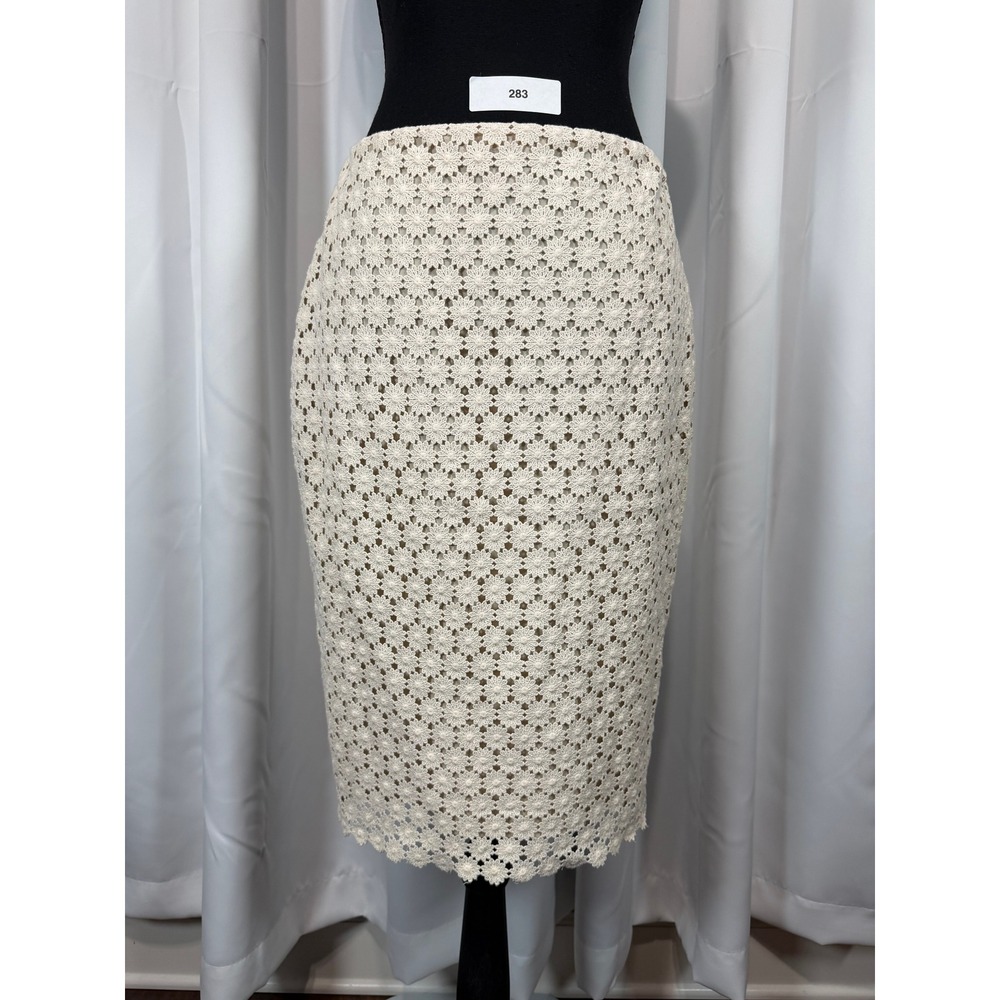 Charter Club Women Cream Floral Crochet Pencil Skirt Scalloped Hem Size 6